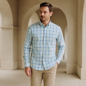 Southern Tide Medium Performance Button‎ Down Shirt Light Blue Plaid